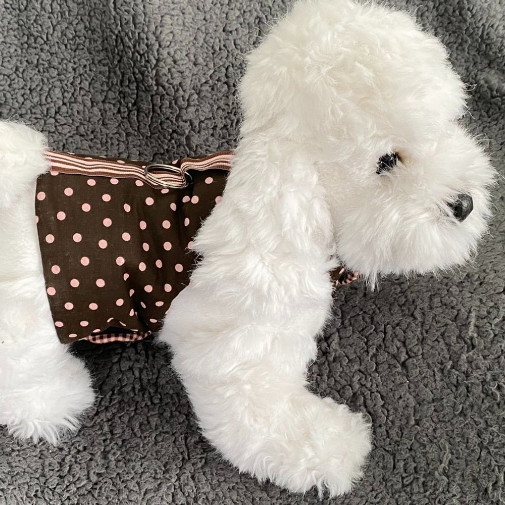 New- BROWN W-PINK or BLUE POK-A-DOTS small dog harness